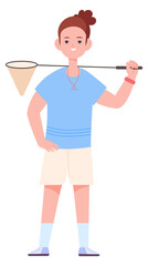 Girl holding butterfly catching net. Summer kid activity