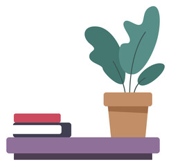Cute bookshelf with houseplant. Table surface with books and decor