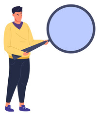 Man with big magnifying glass. Looking person. Search icon