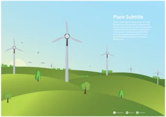Schilderijen op glas Green energy concept , silhouette of landscape view of wind power turbine among mountain hill with sky in the early morning © Ruwan