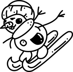 Snowman doodle. A cute snowman in a winter hat is skiing. Cartoon white and black vector illustration.