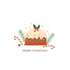 Christmas pudding isolated vector element. Tasty Christmas cake or Cute winter holiday pie with holly berry food illustration. Baked Christmas dessert hand drawn card, poster. Xmas food.