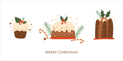 Christmas pudding set isolated vector element. Tasty Christmas cake or Cute winter holiday pie with holly berry food illustration. Hand drawn baked Christmas dessert collection. - 556125789