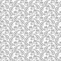 Fish pattern3. Cute seamless pattern with sea eel and puffer. Cartoon white and black vector illustration.