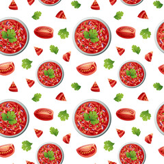 Seamless pattern with salsa, tomatoes and cilantro. Texture with traditional mexican food. Great for fabric, wallpaper, menu