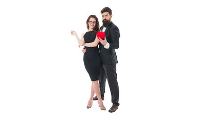 Happy together. Share sincere feelings. True love concept. Happy couple in love formal outfit black dress white background. Make her happy. Happy valentines day. Hipster giving red heart love symbol