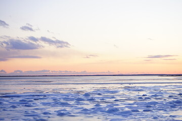 Fototapeta na wymiar Todowara Walk Path and Frozen Ocean at Notsuke Peninsula in Betsukai, Hokkaido, Japan - 日本 北海道 別海町 野付半島 トドワラ 探勝線歩道 氷海
