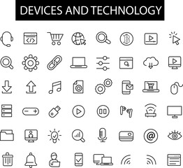Device and Technology thin line icons set. Web icons. Devices, Computer, Smartphone, Tablet, Mail,web, Tablet, trendy style Media icon. Vector.eps