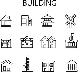 Building thin line icons set. Building, House, Hospital, Office, School, Bank, Church, Hotel editable stroke icon. Vector illustration.eps
