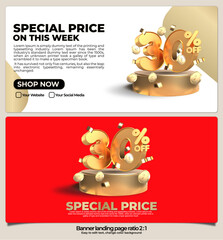 banner pack for landing page,  online shop discount sale gold promo product, special price on week with 3D render number 30% and element gold style, easy to edit, ready to use