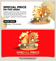 banner pack for landing page,  online shop discount sale gold promo product, special price on week with 3D render number 20% and element gold style, easy to edit, ready to use