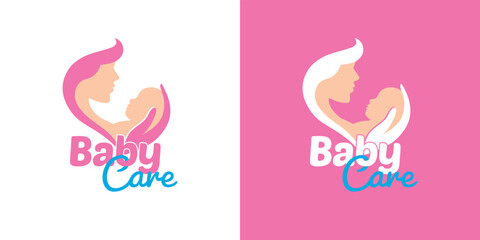 Mother holding Child baby Logo design vector template. Medicine Clinic Baby Care Logotype concept icon. Baby Care Logo. Vector illustration.