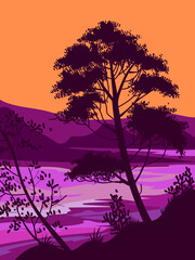 Mountain and lake landscape hand drawn vector illustration. Nature scenery with trees and hill peaks silhouettes on horizon.