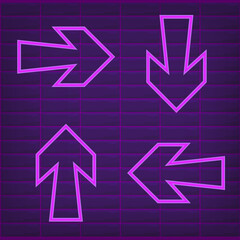 Neon light arrow purple glow sign for direction vector illustration set. Shine information element, navigation pointer, bright graphic object. Previous next left right up down button. Ui interface