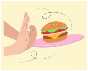 Female hand refuses offered hamburger vector illustration. Flat design style. Healthy food concept. Refusal gesture. Poster, banner. Anti-advertising for fast food.