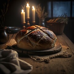 Serbian Orthodox Christmas eve. Table set up. Bread and candle. Česnica bread. Generative ai.