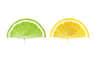 Lemon juice dripping from fruit on white background