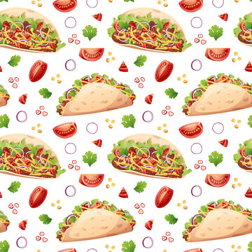 Seamless pattern with tacos. Texture with traditional mexican food. Great for wallpapers, menu decor, restaurants.