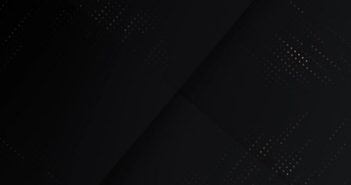 4k luxury animated background with dots and gold sequins. Black golden elegant striped banner. 3D Seamless loop greeting card. Abstract random moving arrow frame. Deluxe digital luxurious animation BG