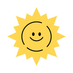 Cute smiling sun icon isolated on white. Vector flat cartoon illustration for kids. Cute character.  