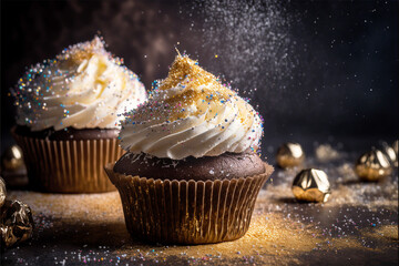 colorful cupcakes, holiday, happy new year, cupcakes, celebratory cupcakes, party, glitter, decorated cupcakes, birthday, christmas, easter, generative ai
