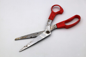 Old scissors on a white background