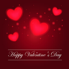Fototapeta na wymiar A beautiful Valentine's day card with glowing neon hearts and a red gradient. Vector illustration