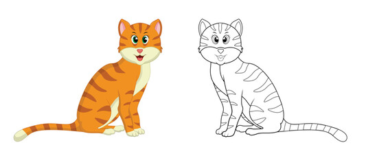 Happy cartoon cat with line art, cat sketch color less page isolated on white background.