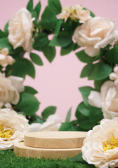 empty wooden podium beige rose bouquet flowers decoration on pink background with space.beauty cosmetic and romantic valentines or mother,birthday woman love gift product present scene stand display.