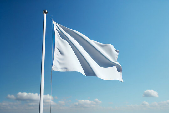 Mockup of empty clear blank white flag waving against clean blue sky, close up, isolated with clipping path mask alpha channel transparency