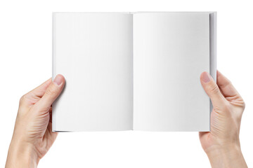 Hands holding open book with blank pages, isolated on white background