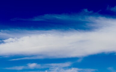 The white clouds in the bright blue sky.