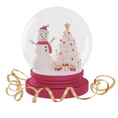 3D render snow globe with Snowman, Christmas tree, gift boxes and golden ribbon serpentine. Red and gold festive decoration for Christmas, New Year cards, invitations. Isolated on a white background