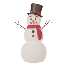 3D render smiling snowman in a hat top hat with holly leaves and red scarf. Festive decoration for Christmas and New Year cards, invitations, leaflets. Isolated on a white background