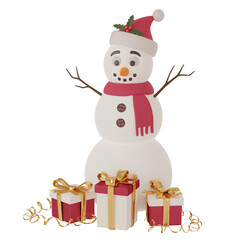 3D render snowman in a hat with fur and holly leaves and red scarf. Red and gold gift boxes. Festive decoration for Christmas and New Year cards, invitations, leaflets. Isolated on a white background