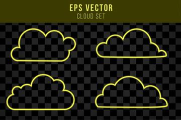 Set of yellow glow neon cloud isolated. Linear contour. Weather. Vector illustration
