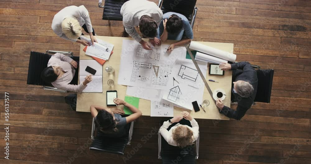 Poster Top view, architect group and planning with office teamwork, diversity or blueprint paper on desk. Architecture team, collaboration or innovation for floor plan, discussion or meeting in Los Angeles