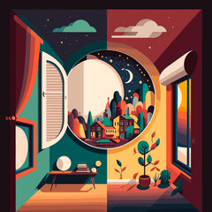 Concept illustration of day and night in the same room. A city view from a circular window. The moon in the sky