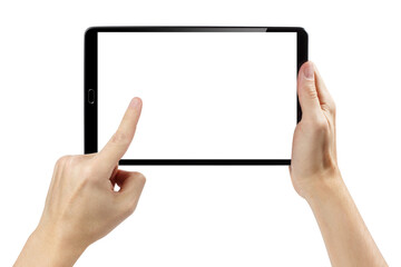 Hands touching black tablet screen, isolated on white background