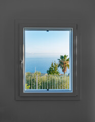 Window with seaside scenery