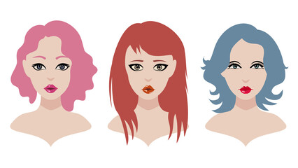 Teen girl illustration with different style and color hairs. Cute and beautiful young girls. Pretty woman illustration set.