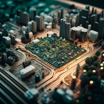 Cityscape Made Of Computer Circuit Boards, Elevated View