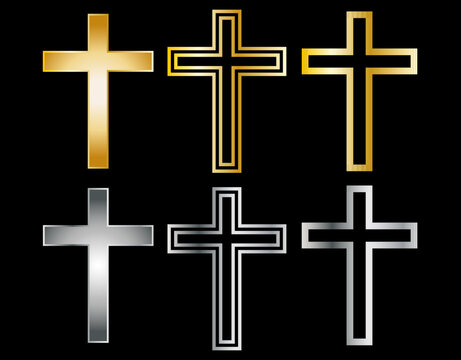 Christian cross isolated realistic . Gold and metal cross set on isolated black background.