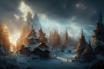 Beautiful picturesque landscape of the winter forest with fir trees and a little house, AI generated image