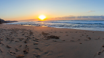 Beach Sands Waters Edge Coastline Ocean Waves Horizon Sunrise Scenic Morning Landscape.