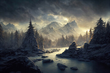 Wonderful picturesque winter landscape with a forest river, forest and high mountains in the background, AI generated image