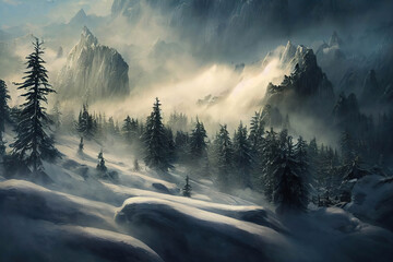 Wonderful picturesque landscape with snowy mountains and forest of fir trees on the mountain slope, AI generated image