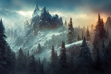 Wonderful picturesque landscape with forest of spruces on high mountains, snowy winter scene, AI generated image