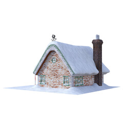 Snowy house for fairytale winter landscape. 3d Rendering-Illustration for Building Scene as Ovrlay, Clipart, Object. Photorealistic and high resolution on transparent background.