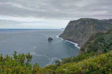 Beautiful islands in the Atlantic Ocean on a cloudy rainy day.